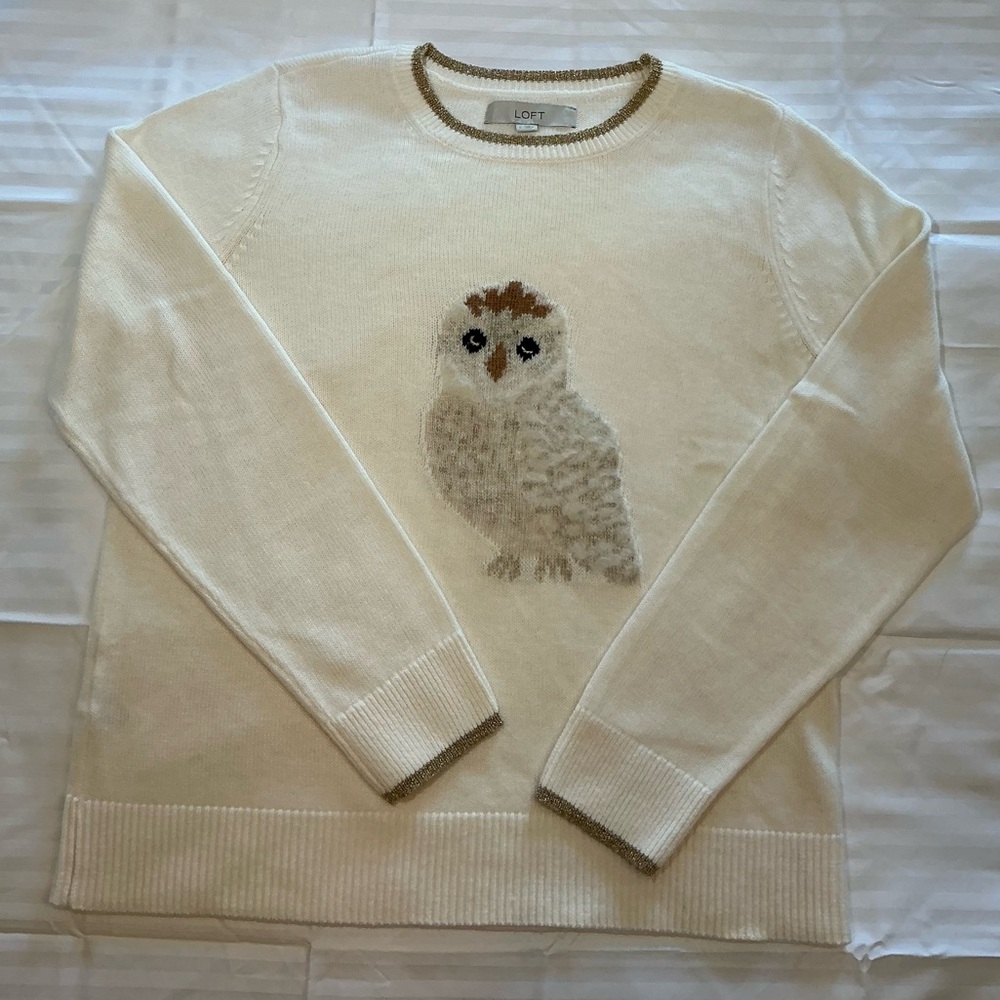 Ann Taylor LOFT Owl Cream Crewneck Sweater women’s size Large - Picture 2 of 9